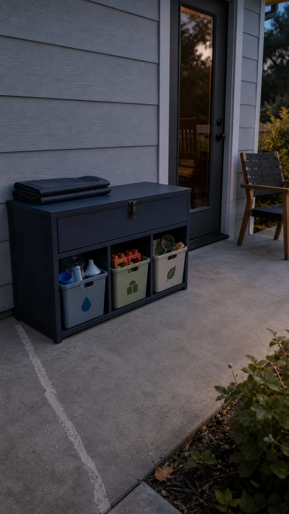Low weather-resistant rotating play shelf on a compact family patio