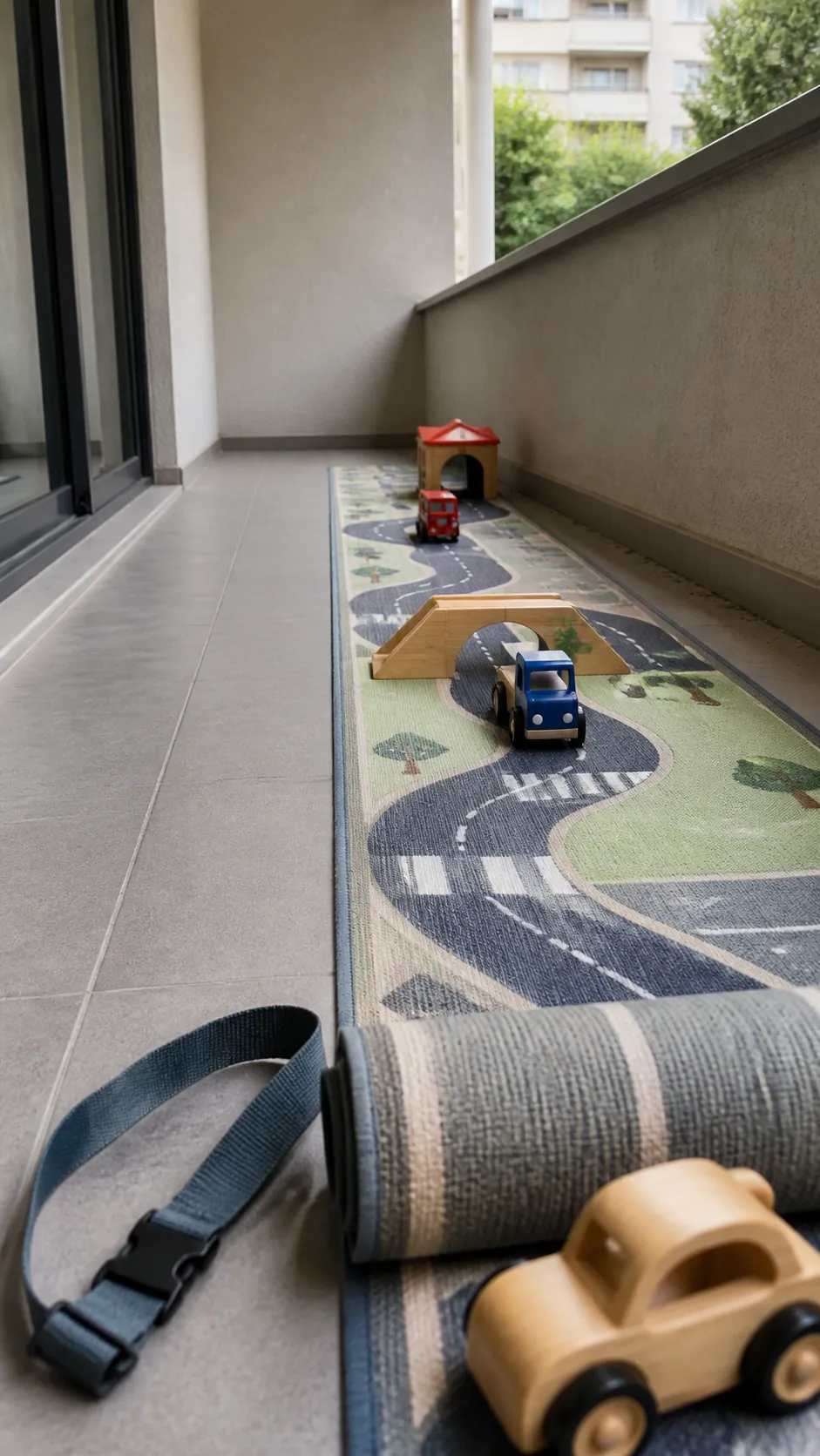 Washable play road rug with toy vehicles on a narrow patio