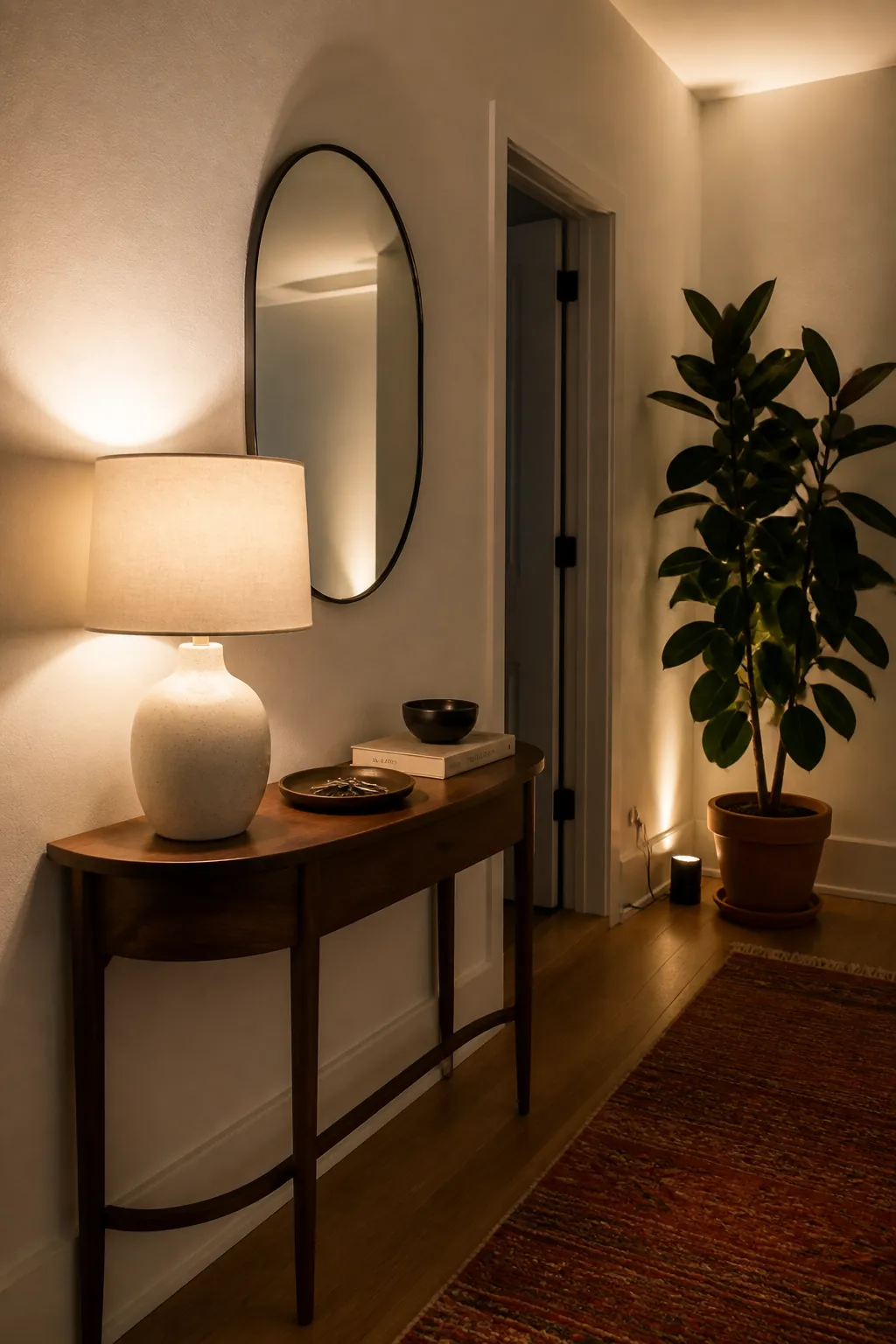Layered table lamp and hidden uplight creating cozy corner lighting
