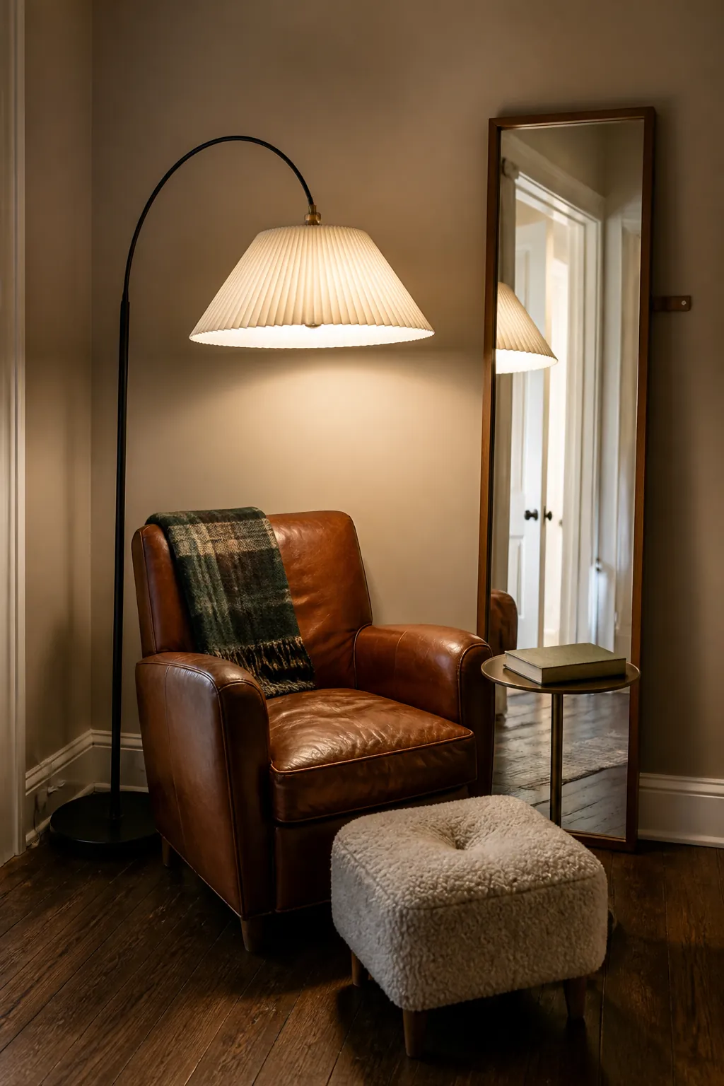 Properly scaled floor lamp illuminating a compact dark corner beside a mirror