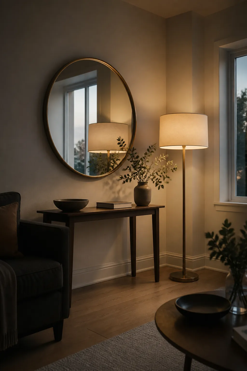 Warm floor lamp and round mirror styling a previously dark living room corner