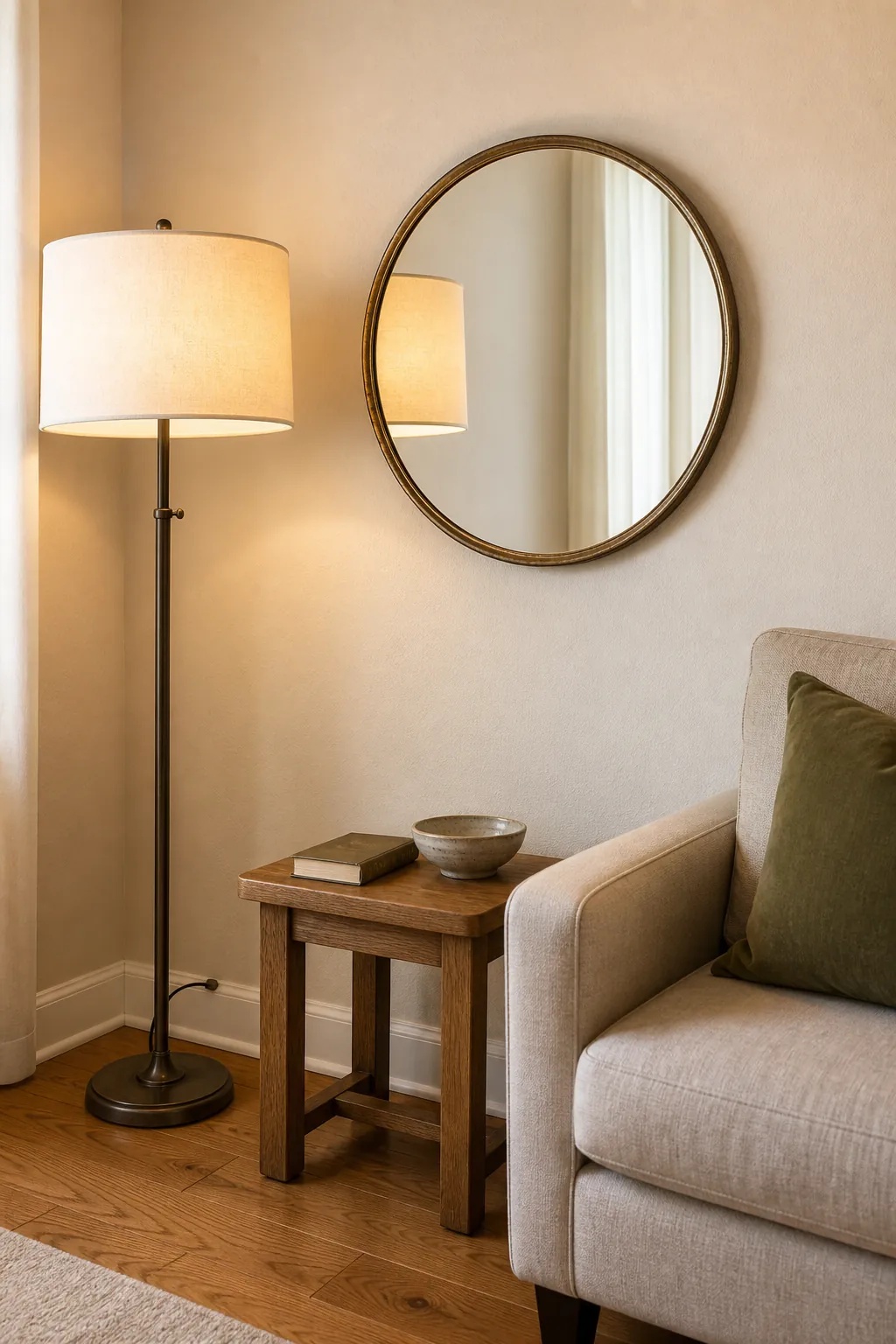 Round wall mirror positioned to reflect a warm lamp in a dark living room corner