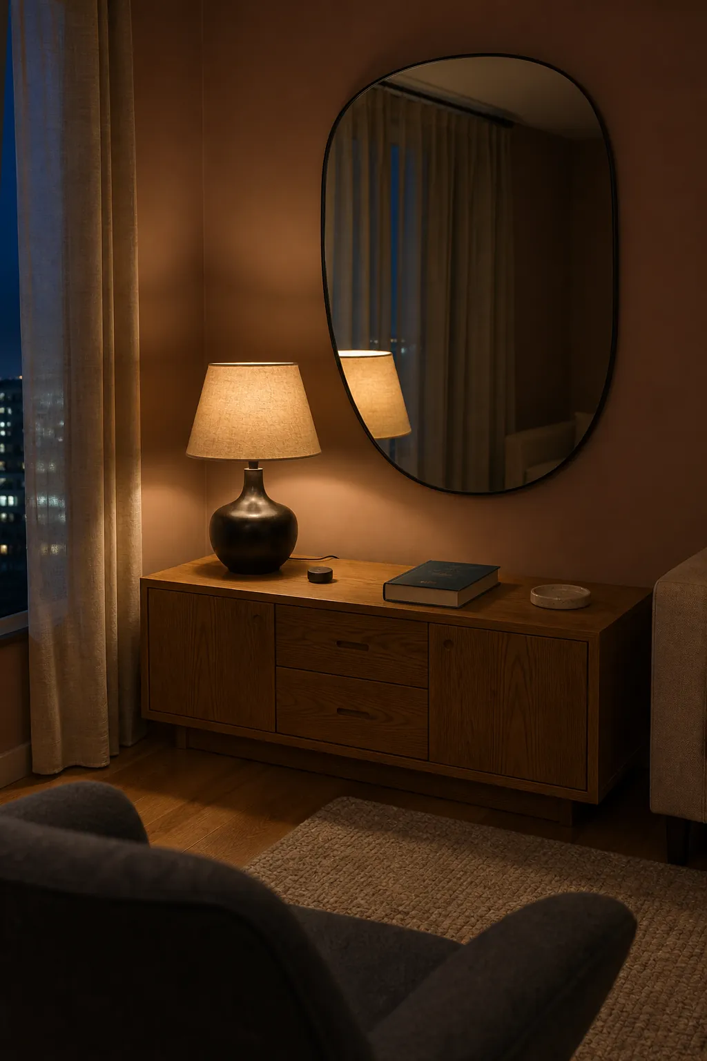 Warm lamp and mirror arrangement checked for comfortable evening glare