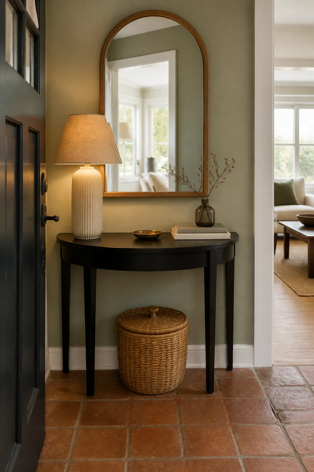 Slim console styled with a table lamp and arched wall mirror in a small corner