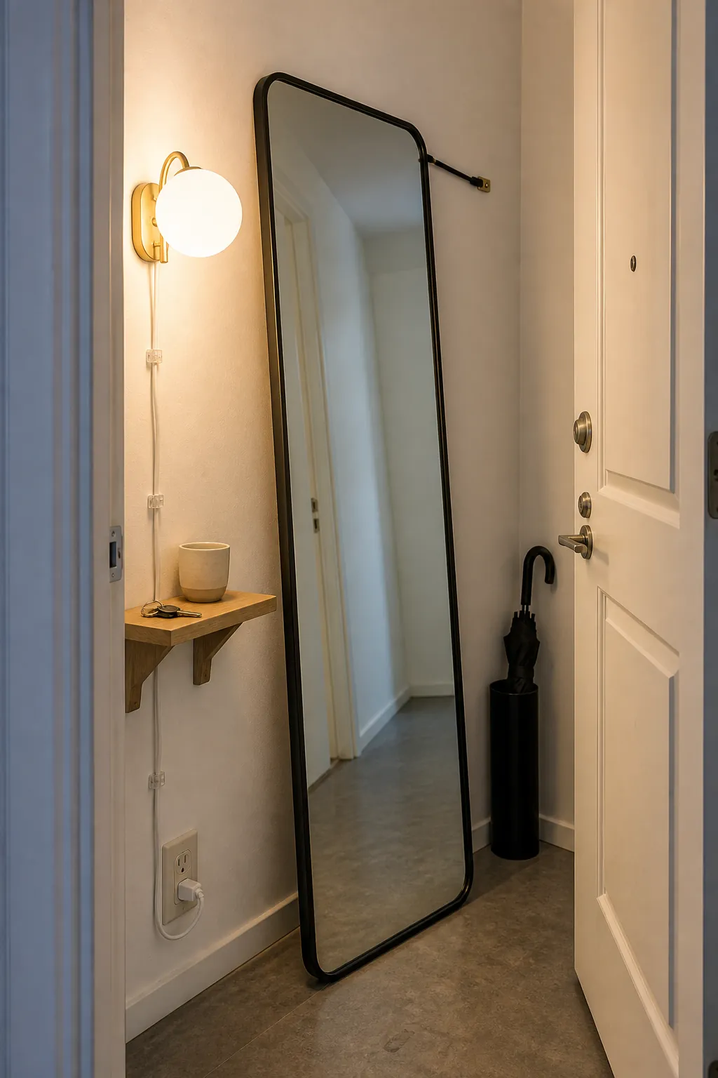 Renter-friendly plug-in sconce and leaning mirror styling a narrow entry corner