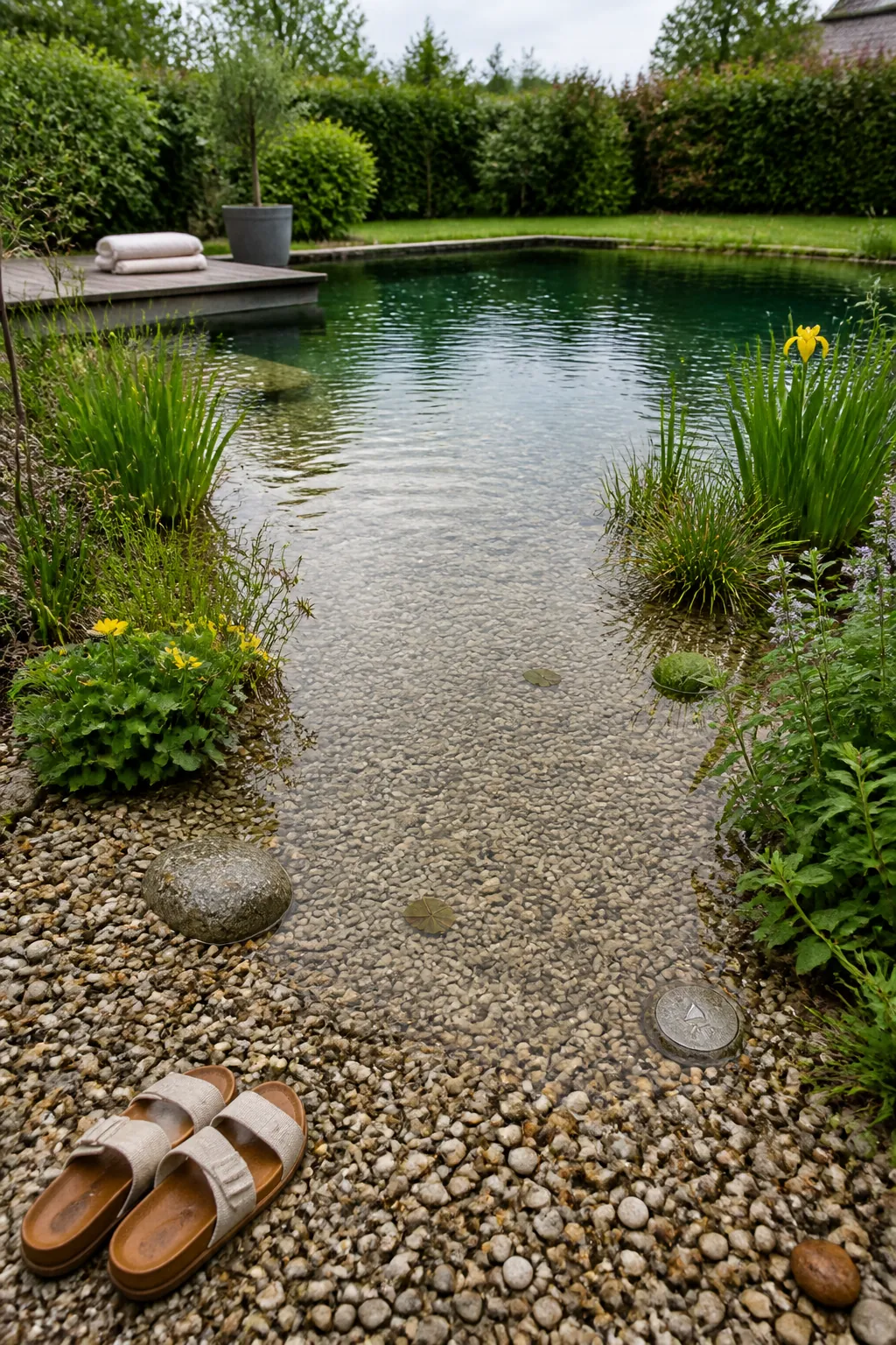 Natural swimming pool with a softly planted gravel beach entry