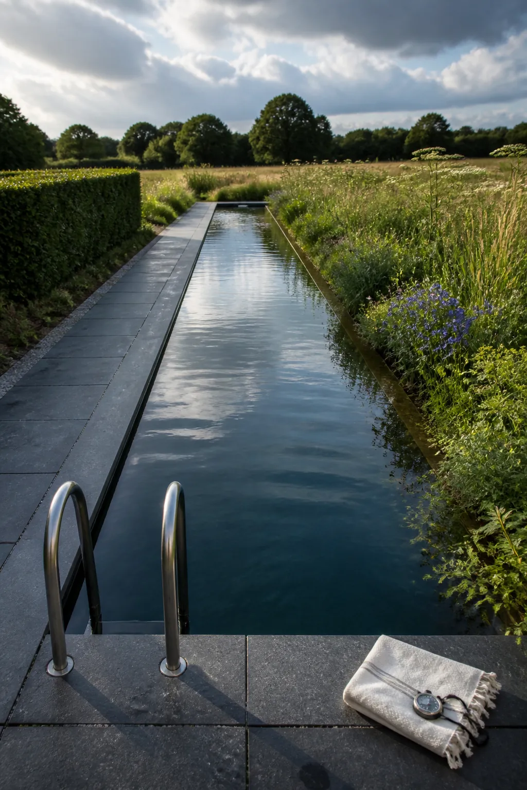 Long natural lap pool framed by loose meadow planting
