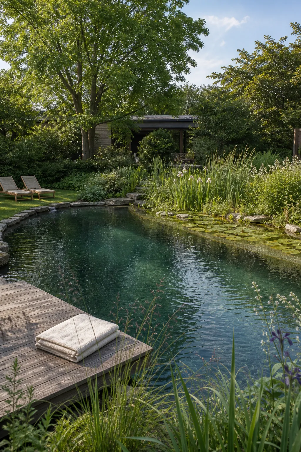 Natural swimming pool blended into a lush garden landscape