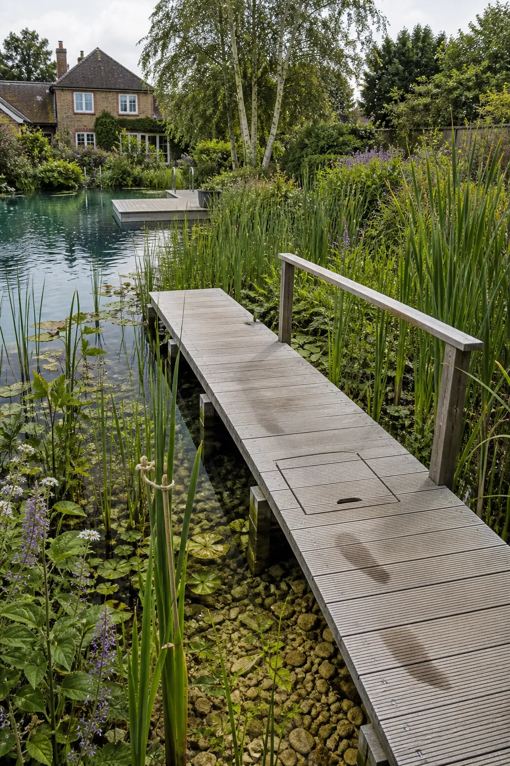 Timber boardwalk crossing a planted natural pool regeneration zone