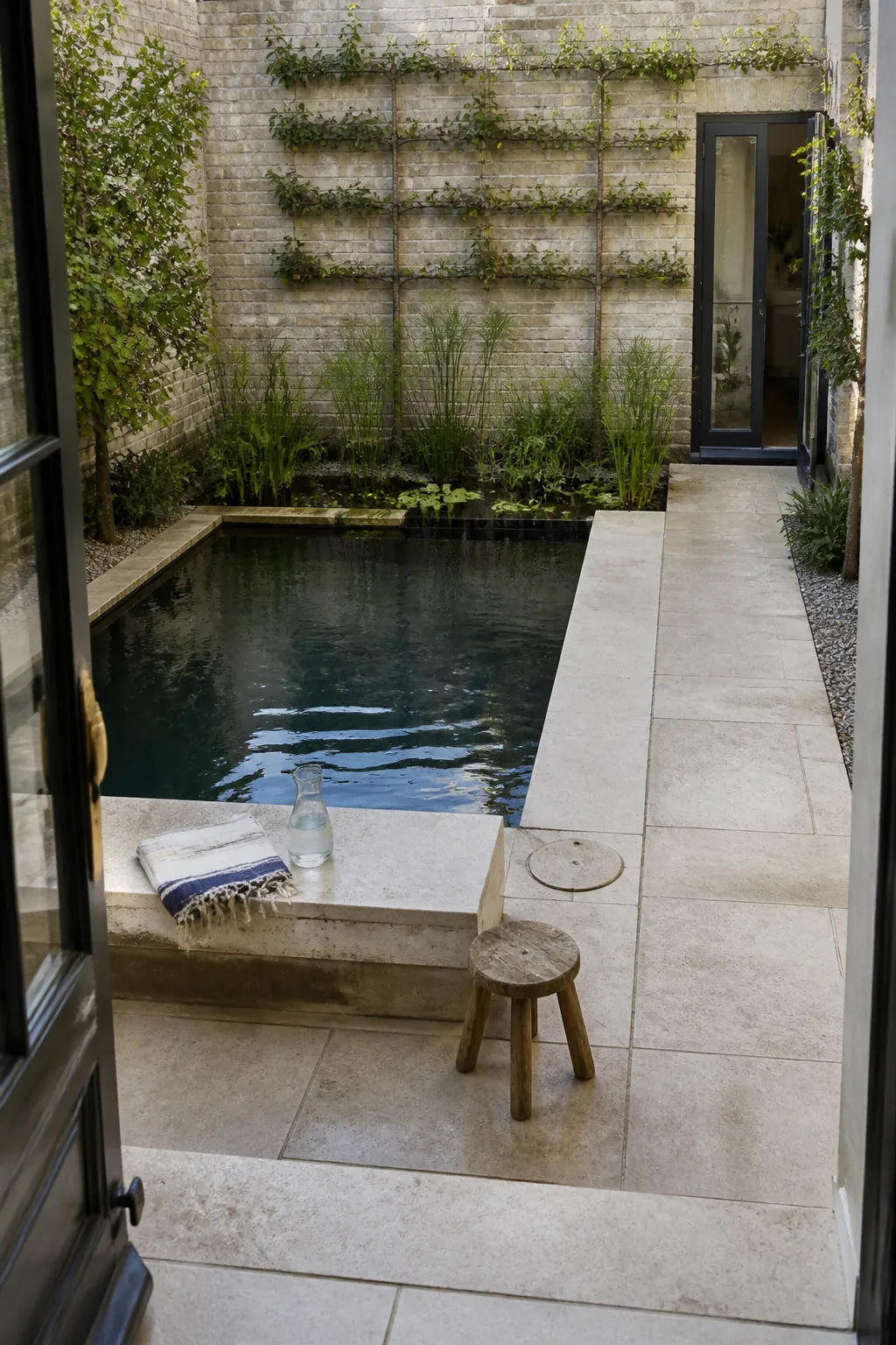 Compact courtyard swimming pond with restrained planting and stone paving