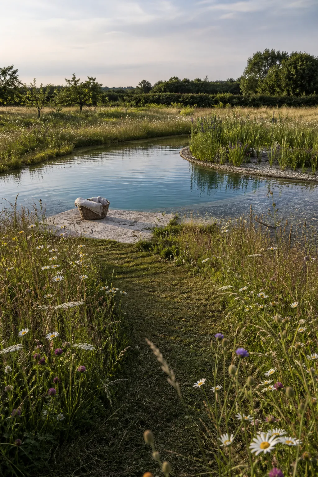 Natural swimming pool set in a meadow with curved mown paths