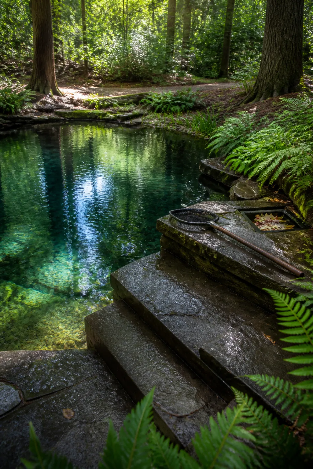 Woodland natural swimming pool beneath filtered tree shade