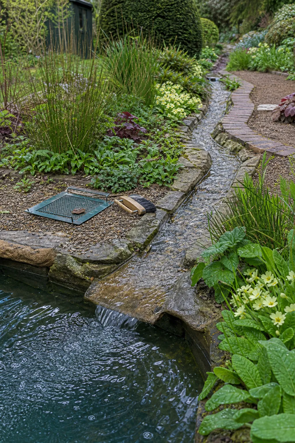 Shallow garden rill flowing into a natural swimming pool