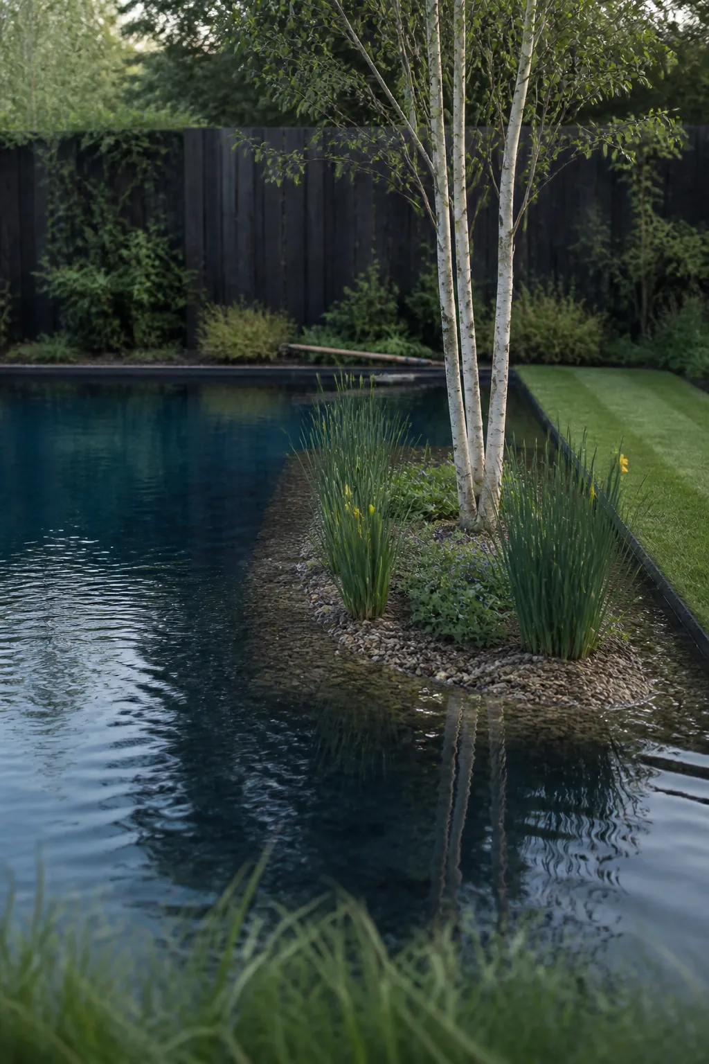 Natural swimming pool with a planted island focal point