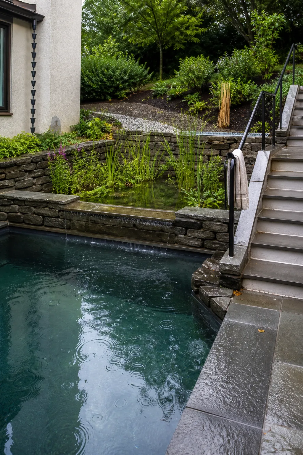 Split-level natural swimming pool terraced into a sloping garden