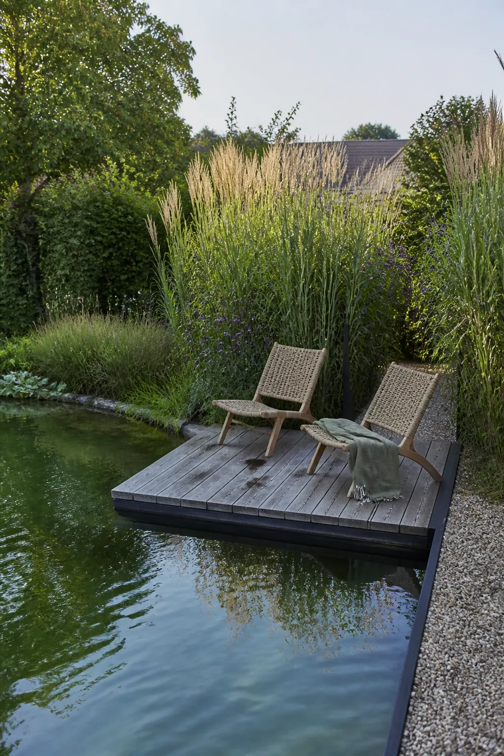 Sunken timber deck tucked beside a natural swimming pool