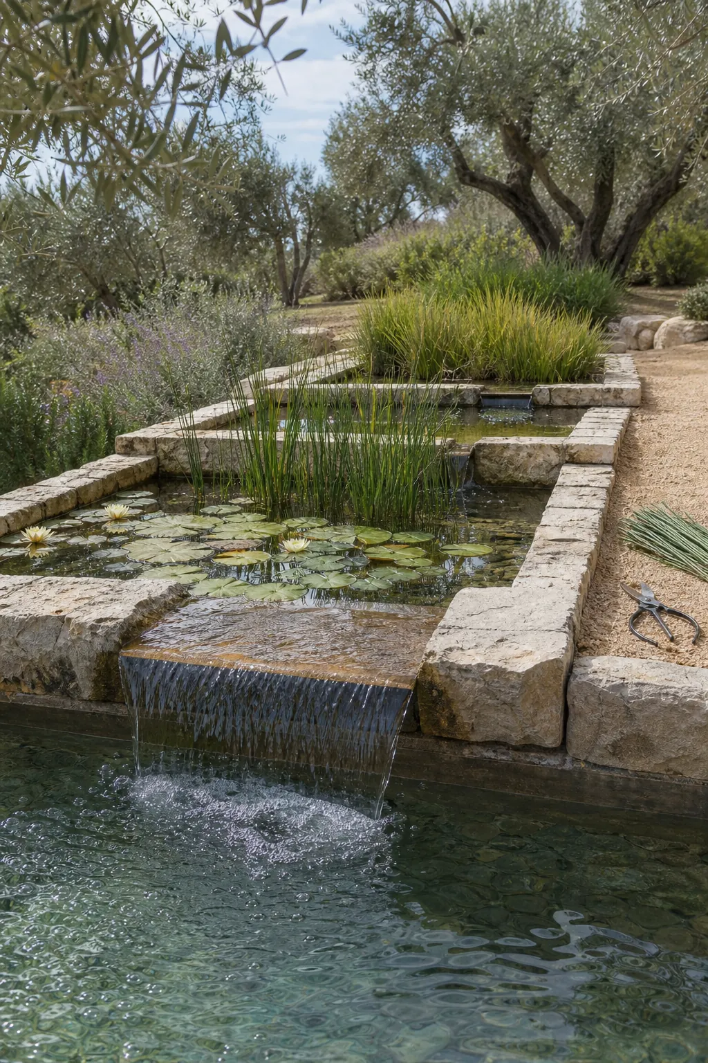 Terraced planted wetland filtering a natural swimming pool