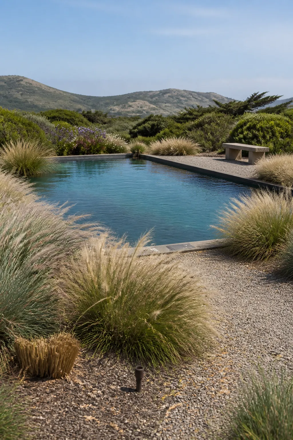 Natural pool framed by low native grasses and open garden views