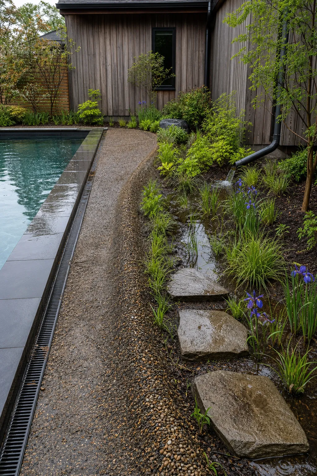 Natural swimming pool connected visually to a separate rain garden