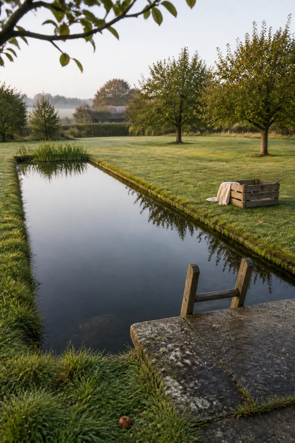 Country natural swimming pond positioned beside an orchard