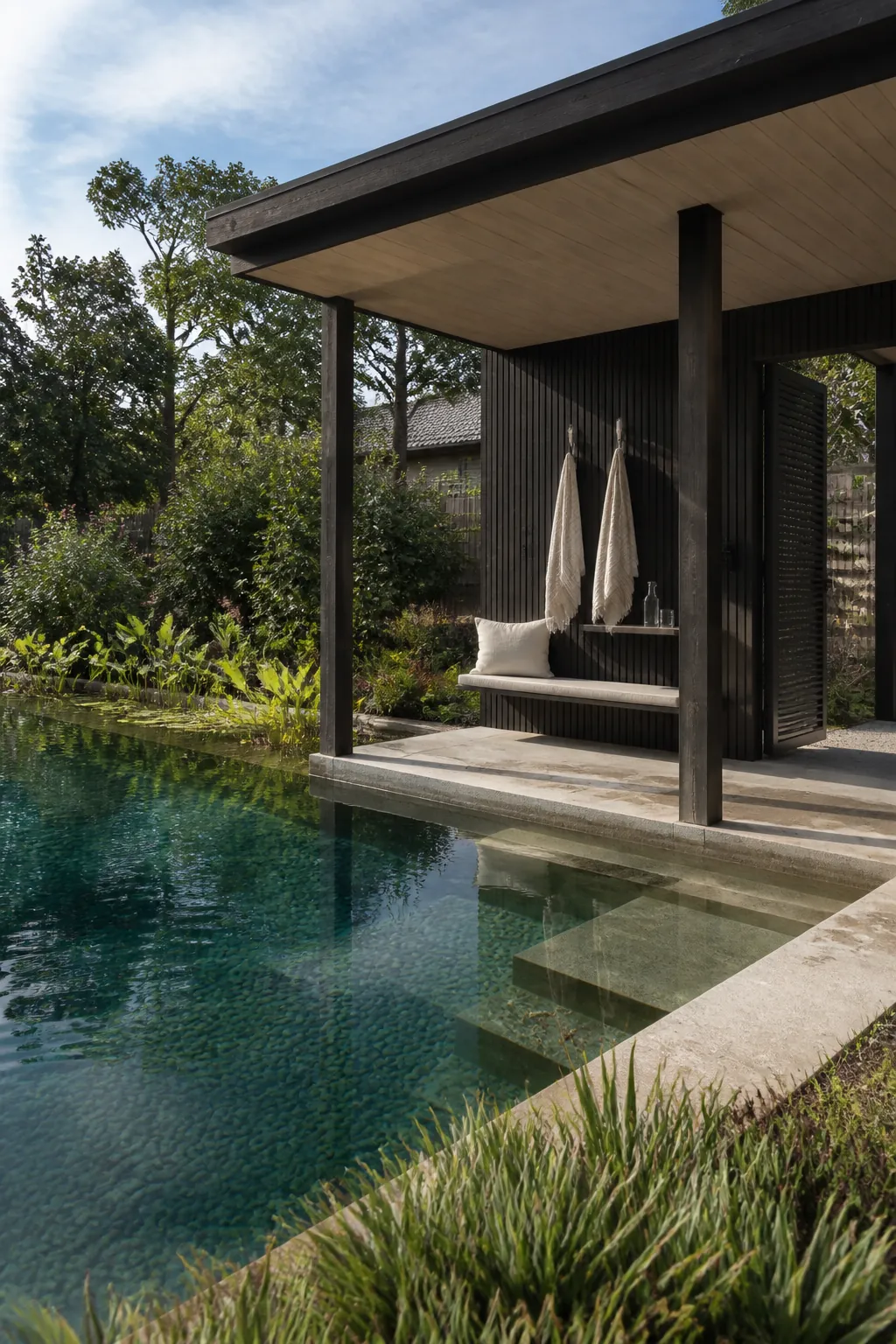 Minimal garden pavilion beside a planted natural swimming pool
