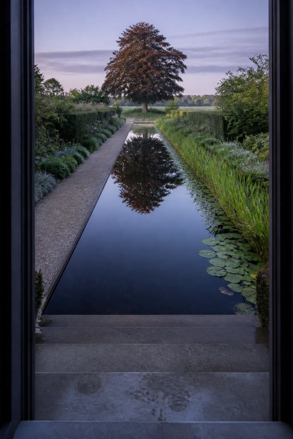 Long reflective natural pool aligned with a garden vista