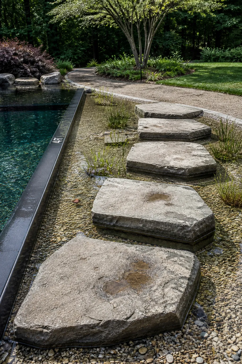 Broad boulder stepping route across a shallow natural pool edge