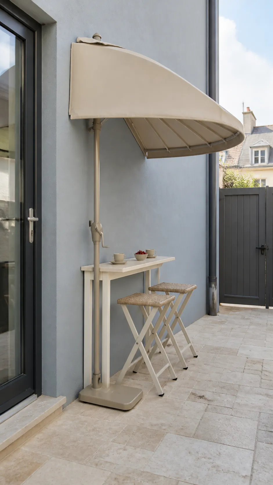 Half-round patio umbrella positioned against an exterior wall