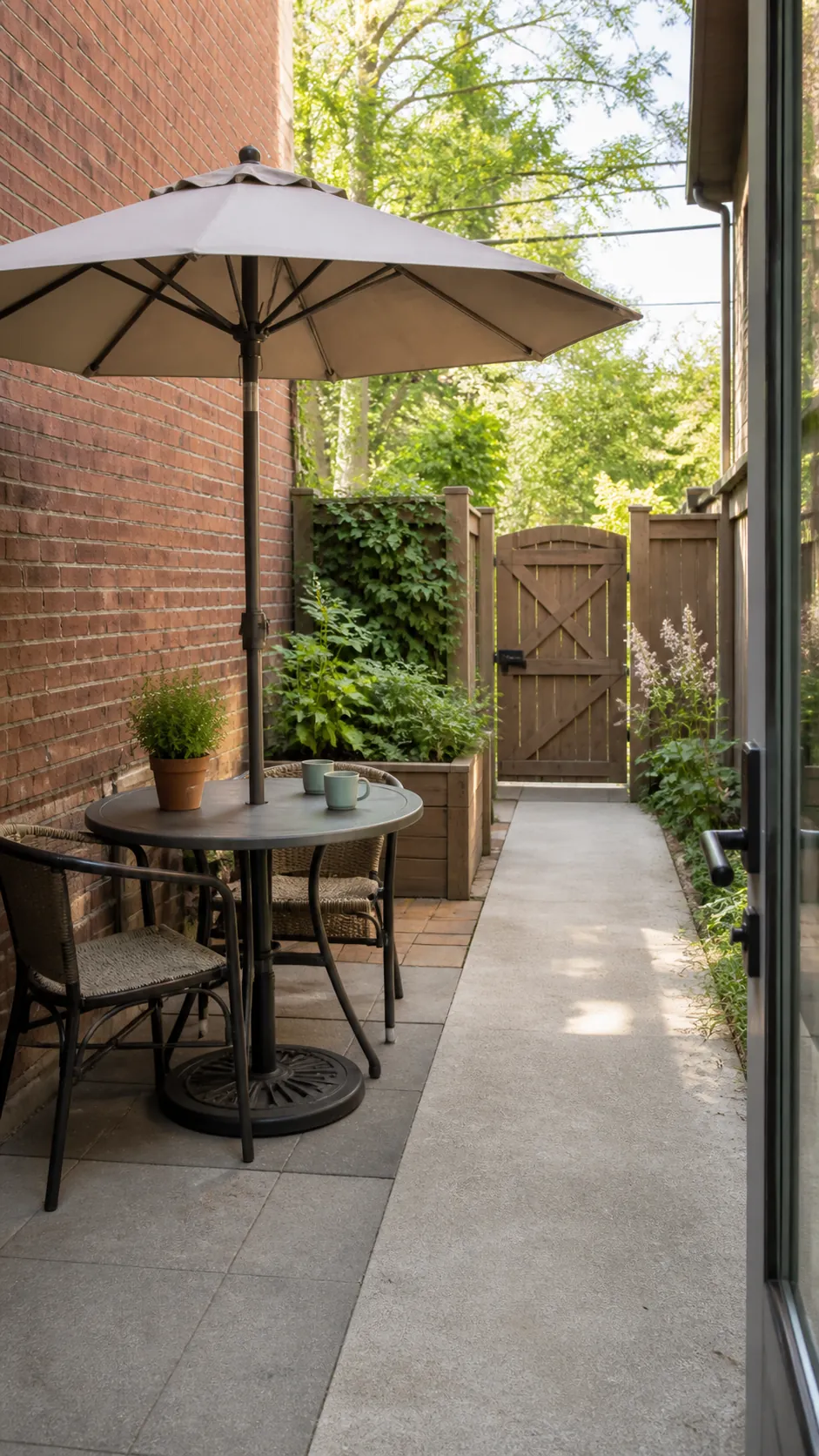 Well-planned small patio with umbrella and a clear walkway