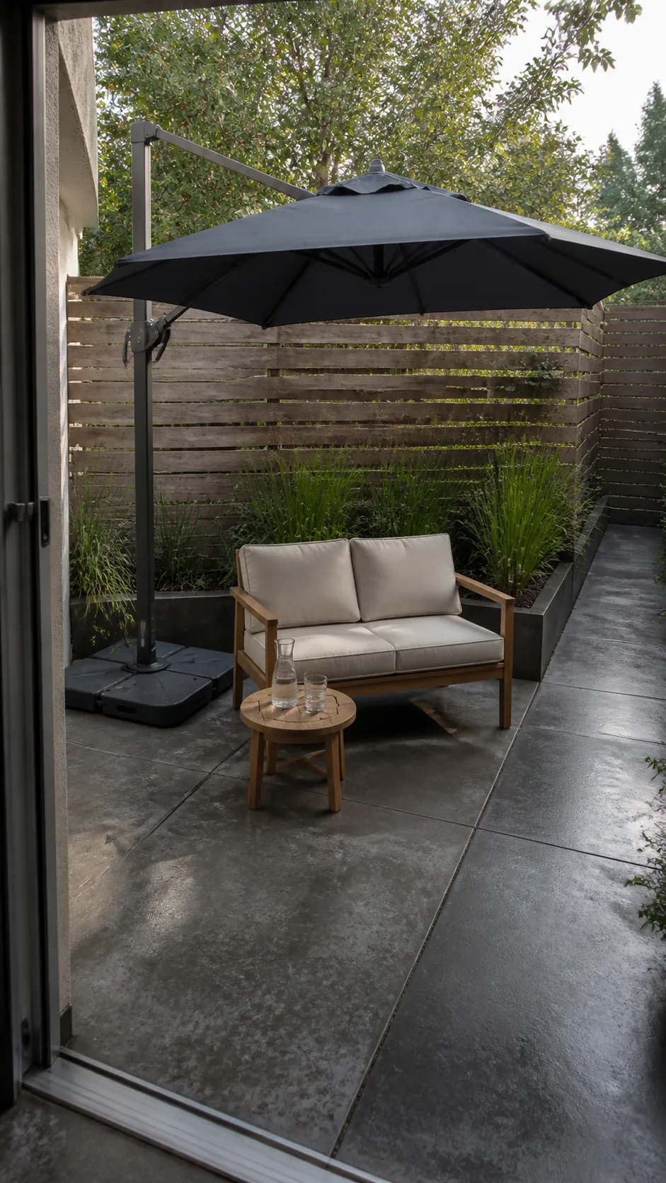 Compact cantilever umbrella shading a patio loveseat from the corner