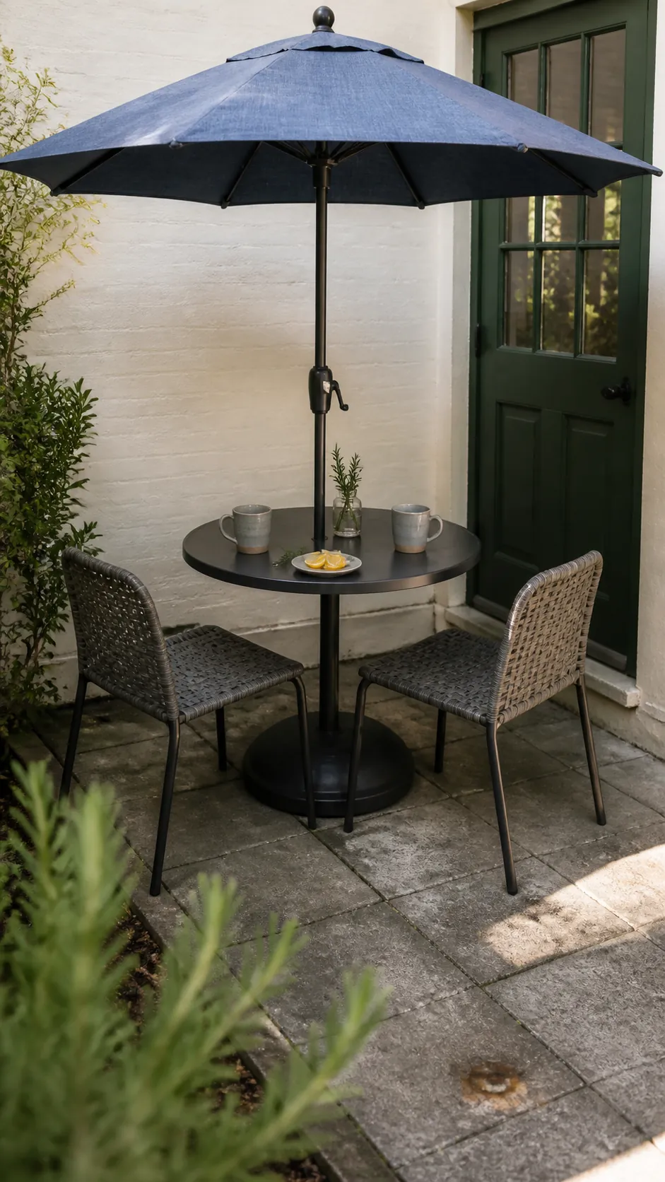 Slim center-pole umbrella shading a compact bistro table