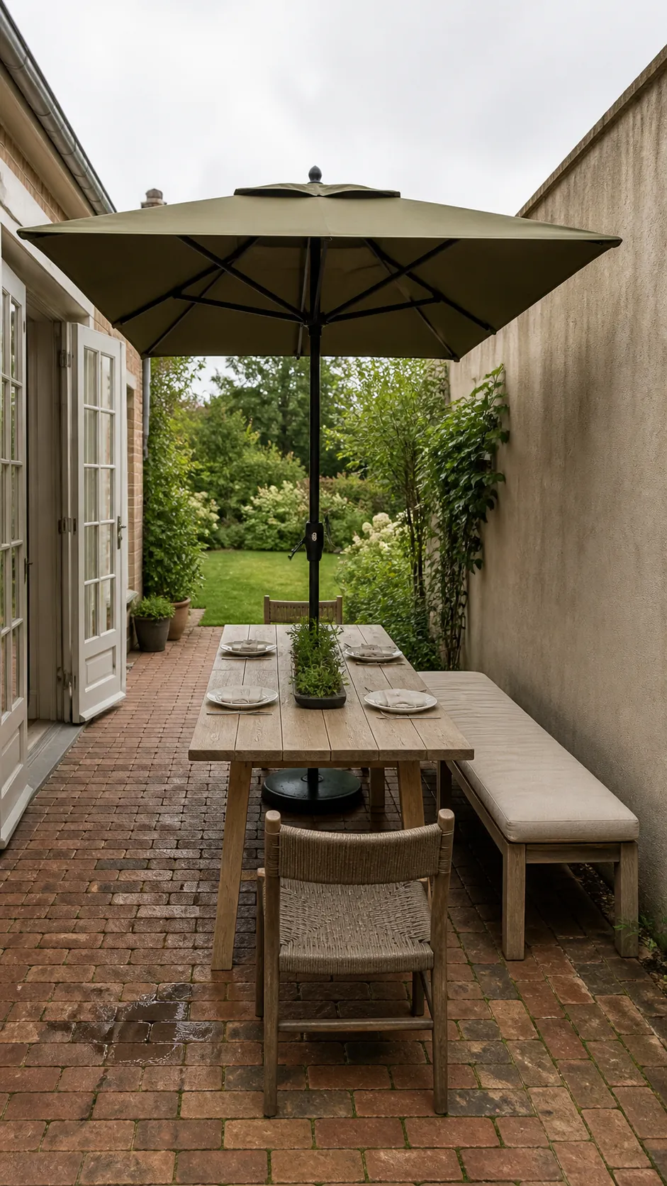 Rectangular patio umbrella aligned with a narrow dining area
