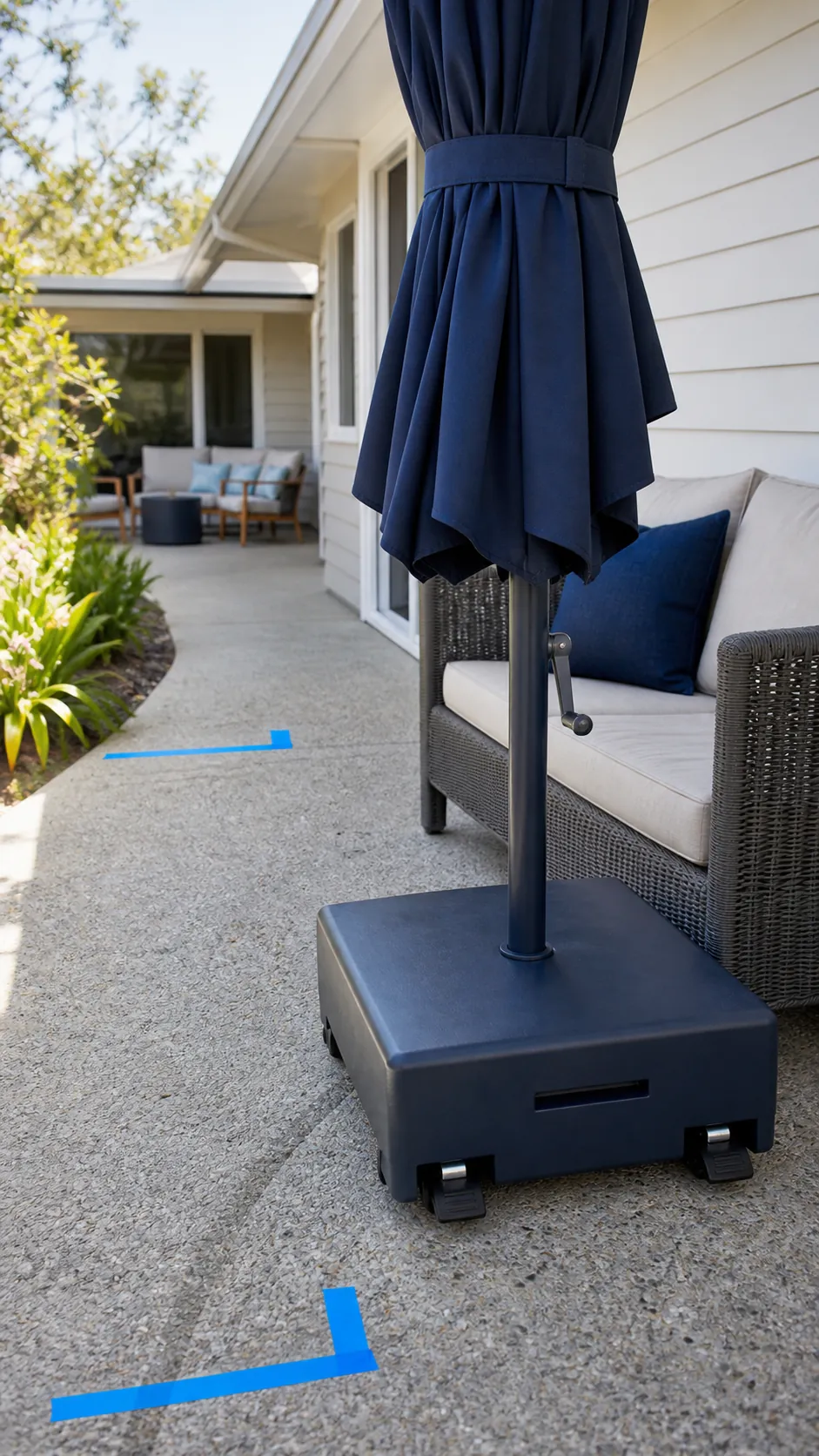 Umbrella on a lockable wheeled base beside compact patio seating