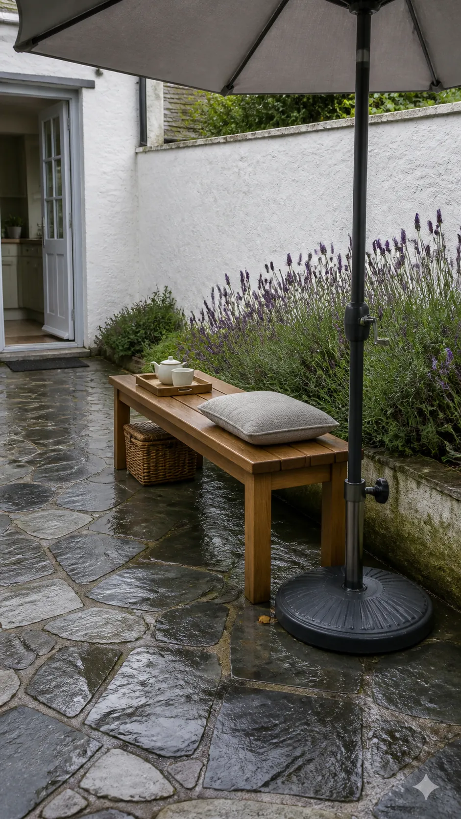 Patio bench arranged around a safely separated umbrella base zone