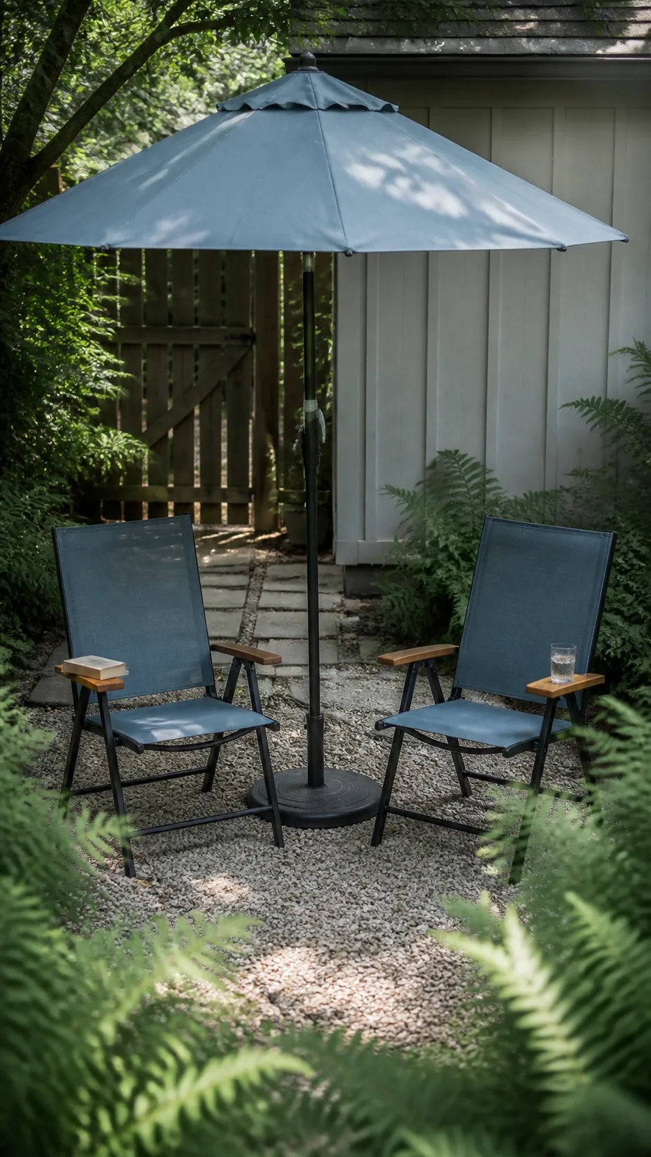 Petite market umbrella between two compact patio loungers