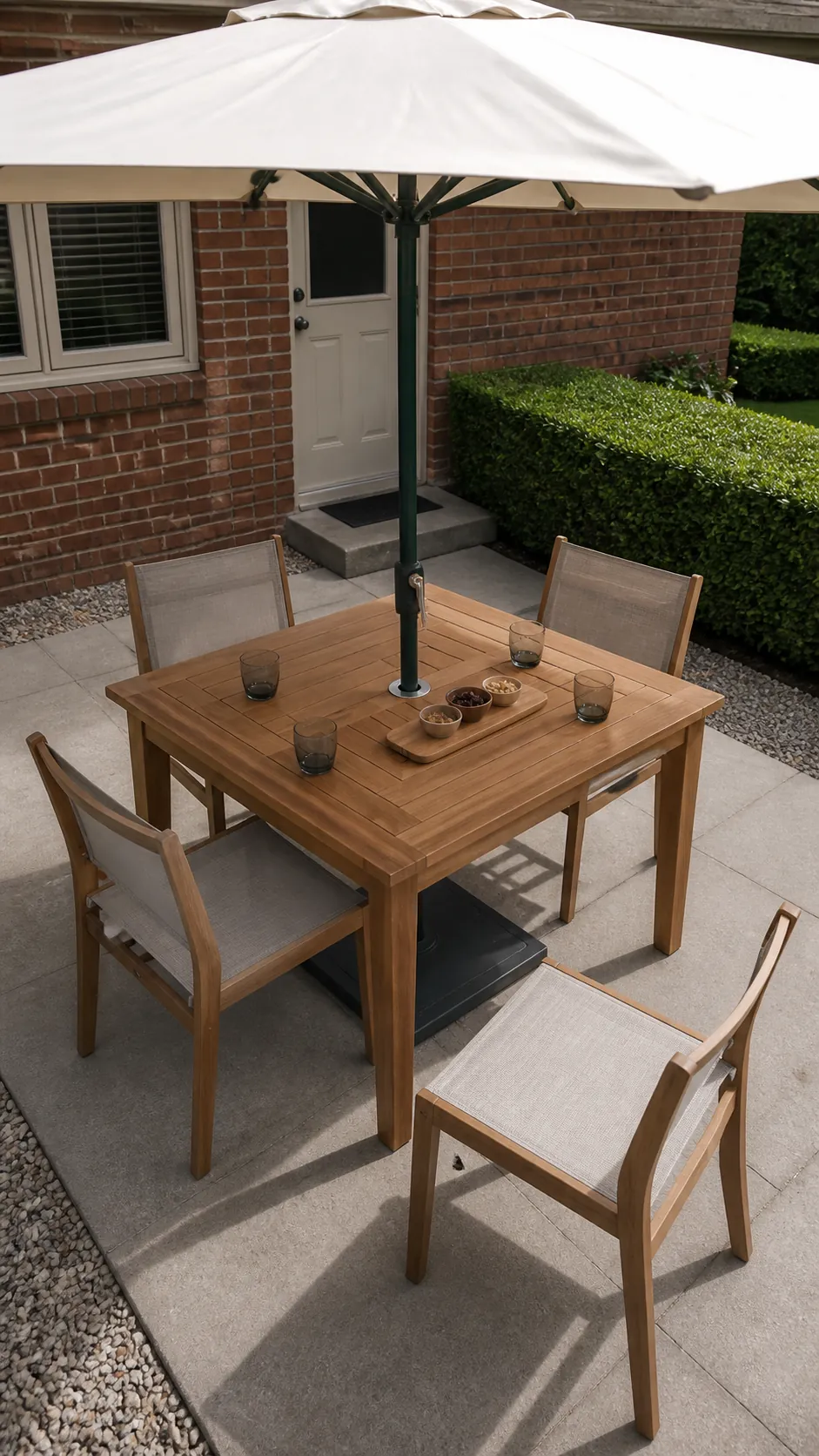 Umbrella fitted through a compact patio table with matching base