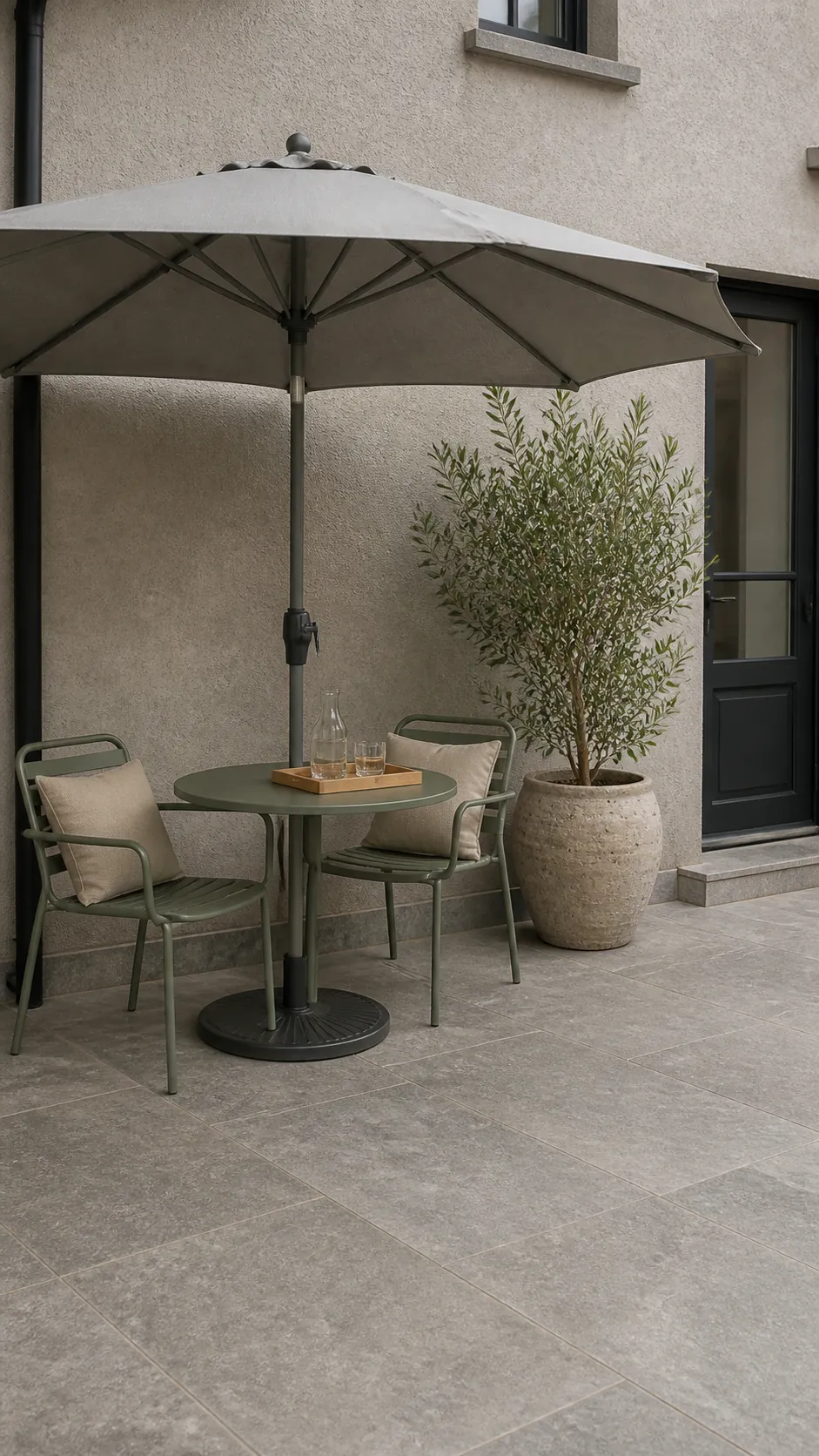 Tone-on-tone umbrella creating a calm look on a small patio