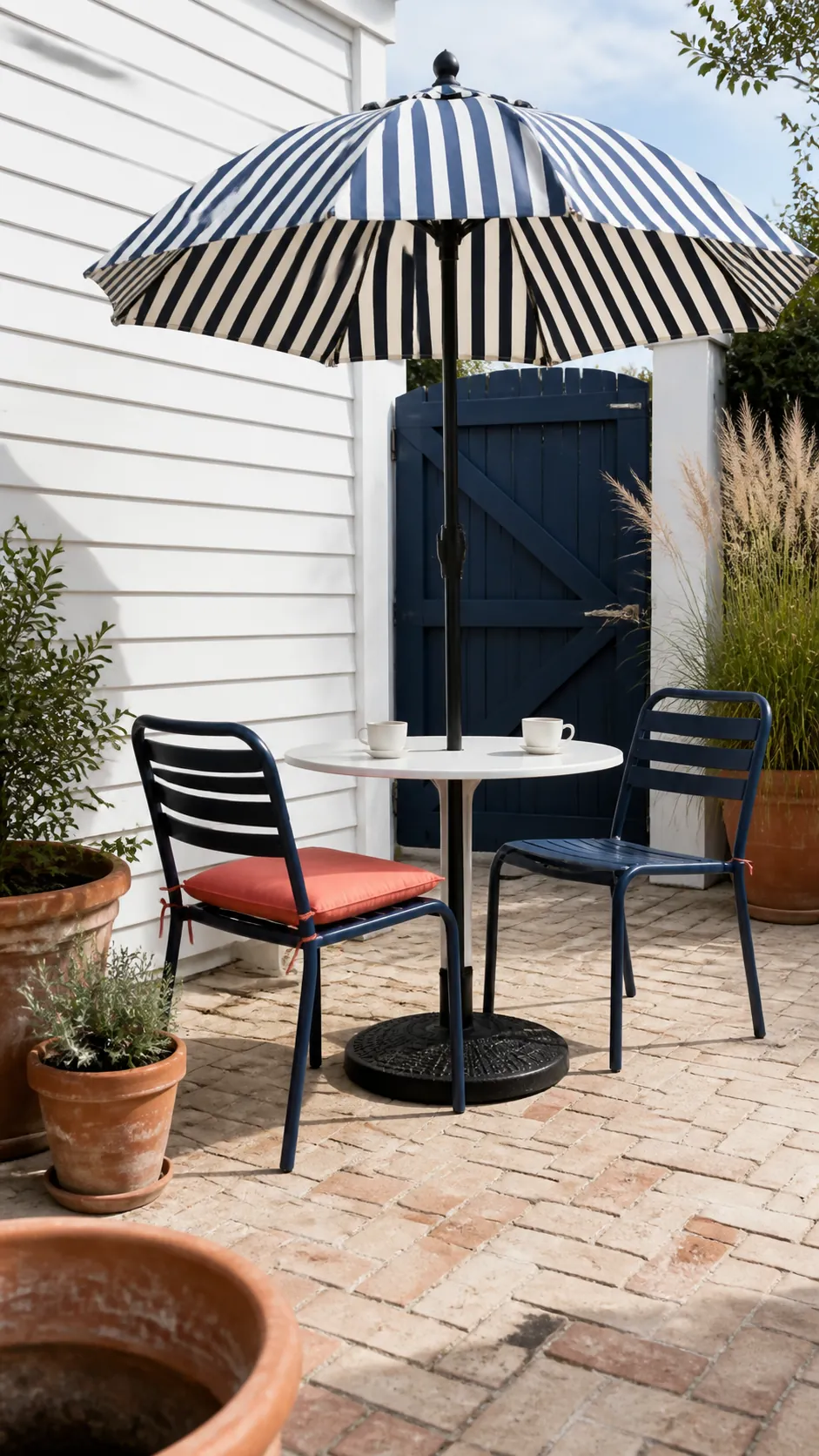 Striped umbrella used as the single bold pattern on a tiny patio