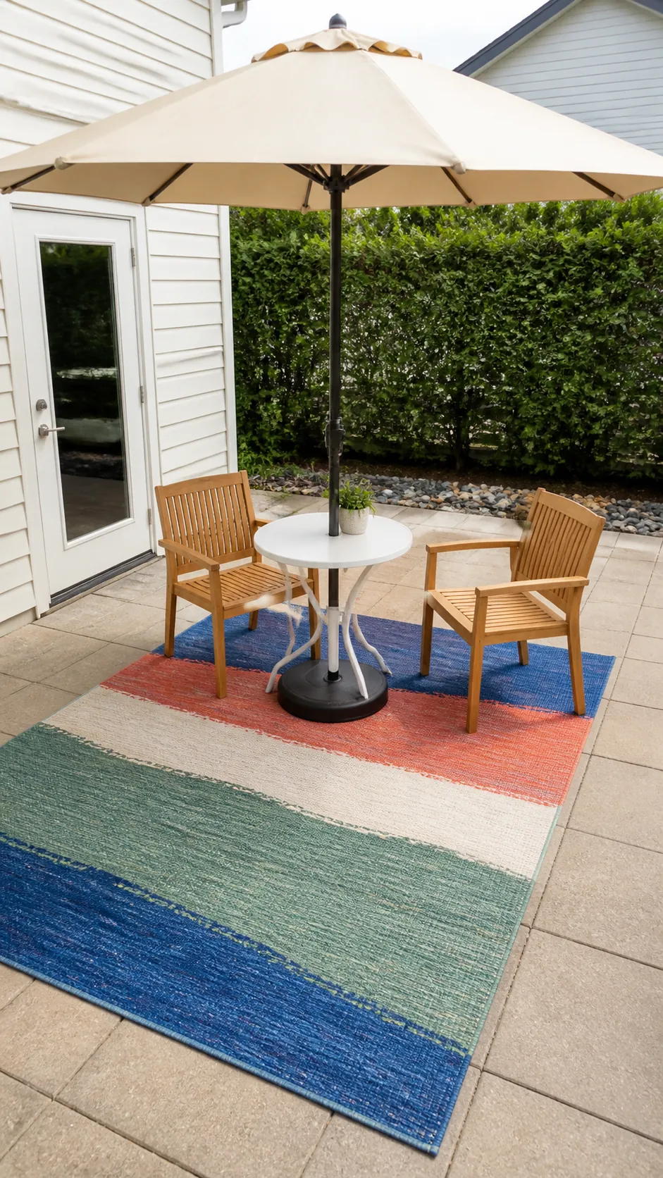 Neutral umbrella balanced by a colorful outdoor rug on a small patio