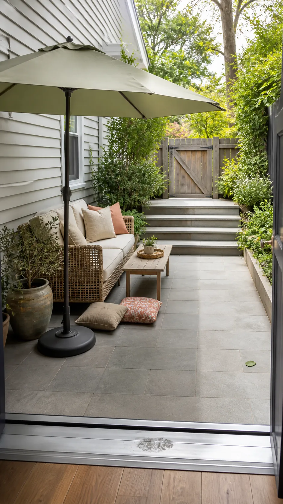 Small umbrella patio planned around a clear walkway and shaded seats