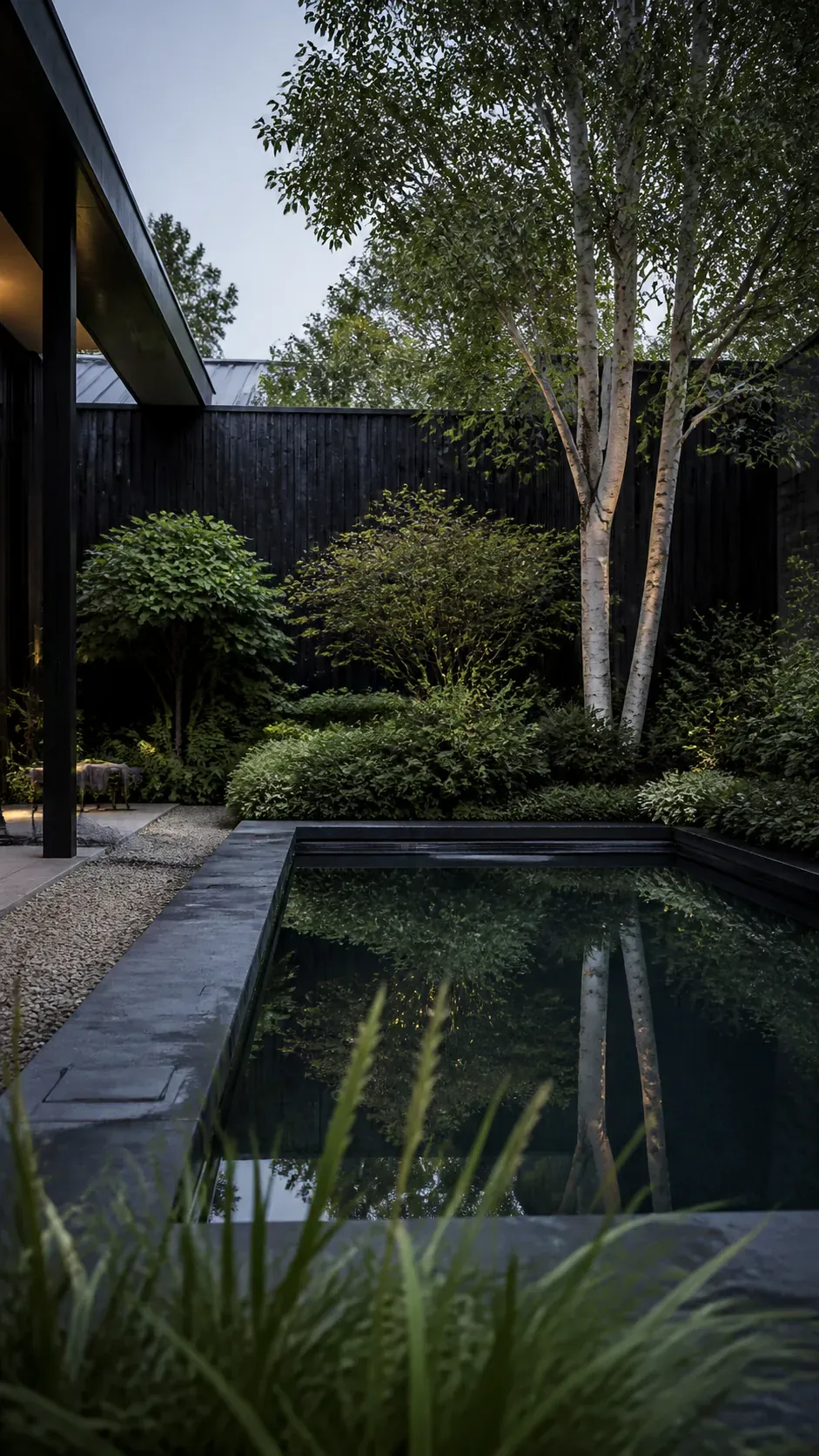 Modern pool with a dark reflective interior surrounded by green planting