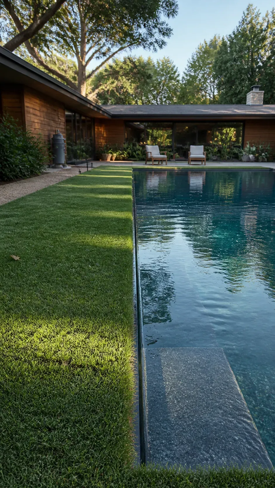 Modern rectangular pool with a flush lawn edge and concealed coping
