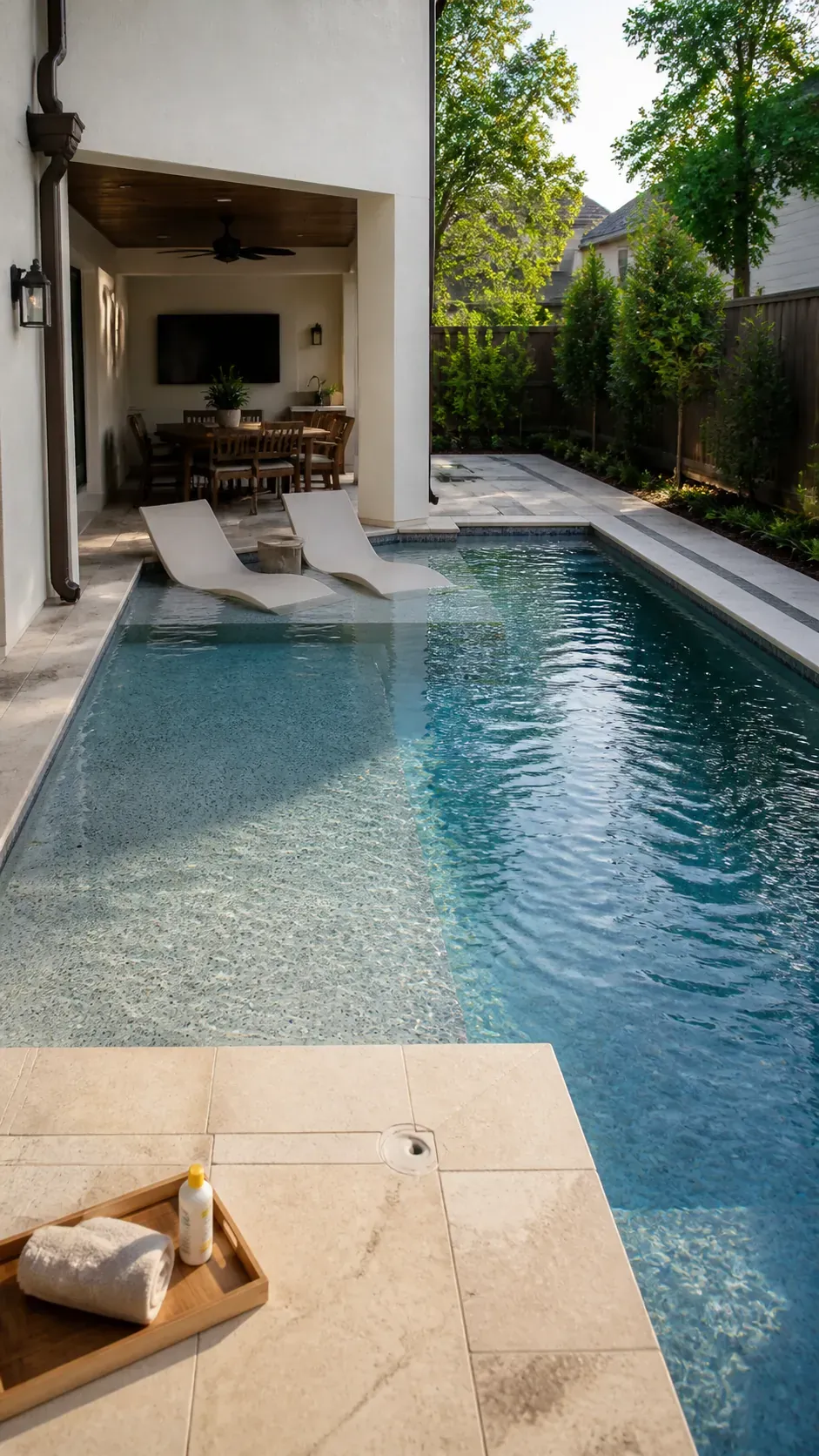Contemporary pool sun shelf aligned with a modern terrace