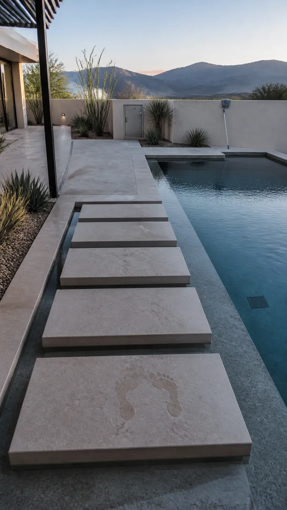 Modern pool with floating rectangular entry steps across shallow water