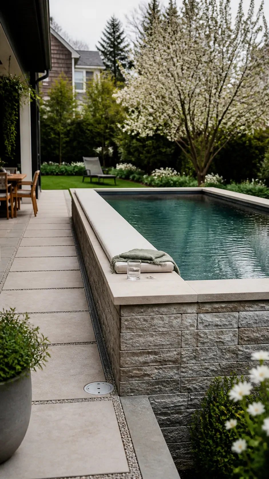 Raised modern pool with a broad integrated seat wall