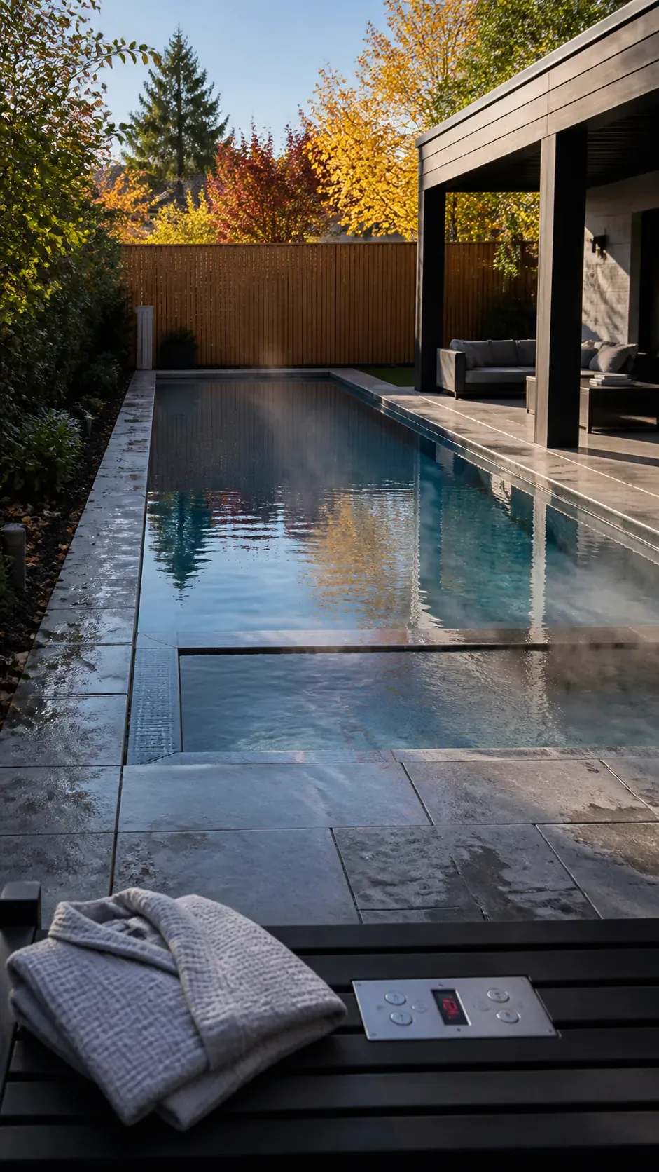 Modern rectangular pool with an integrated linear spa