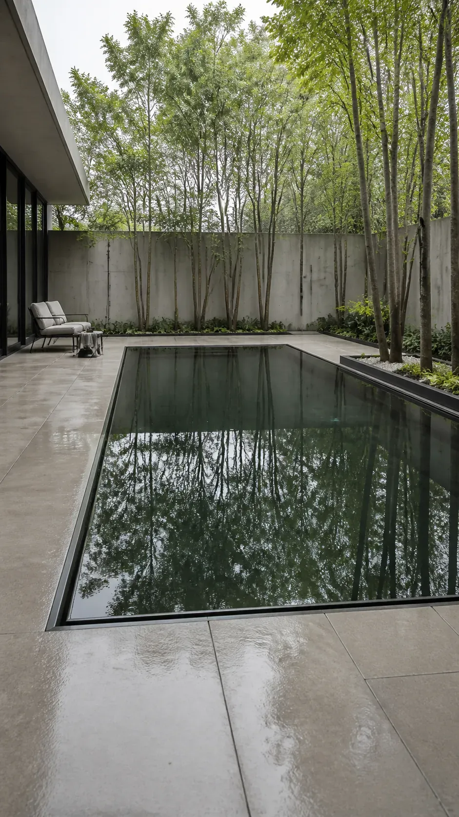 Architectural perimeter-overflow pool with a level modern deck