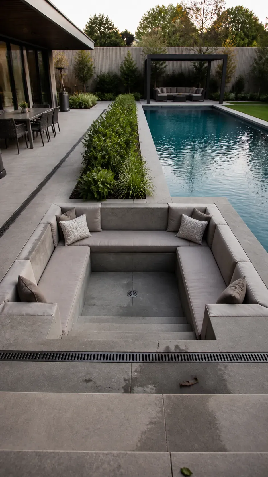 Modern pool beside a carefully drained sunken conversation pit