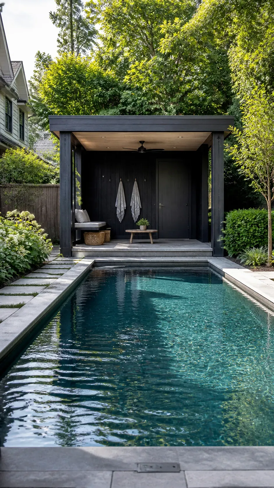 Compact modern pool house aligned with the short end of a pool