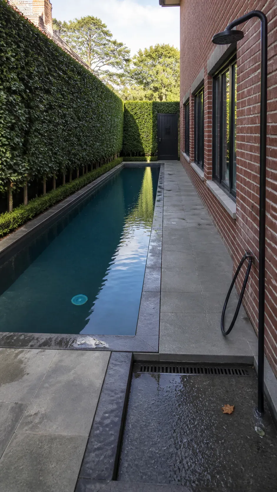 Narrow modern exercise pool fitted into a side yard